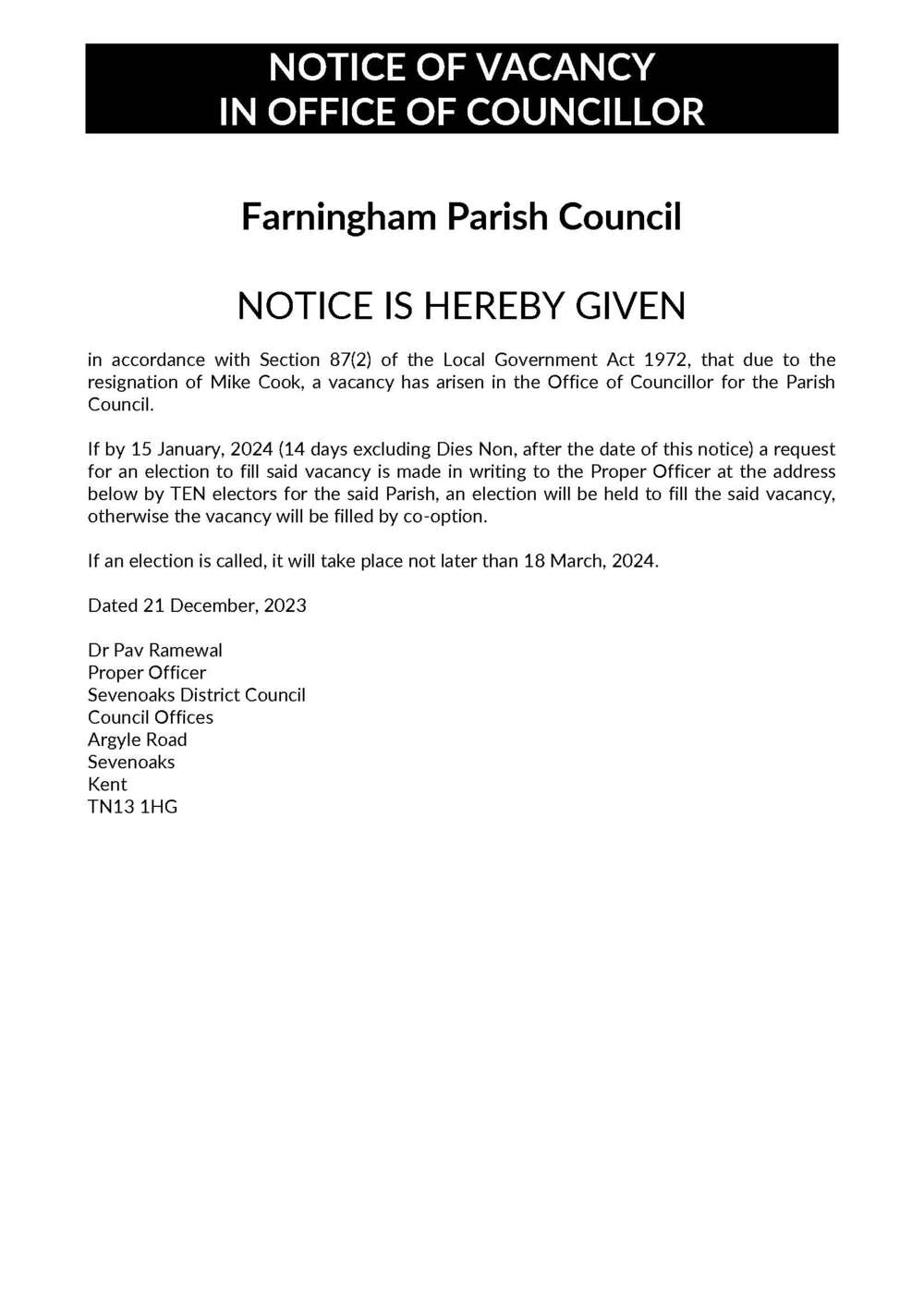 Notice of Councillor Vacancy